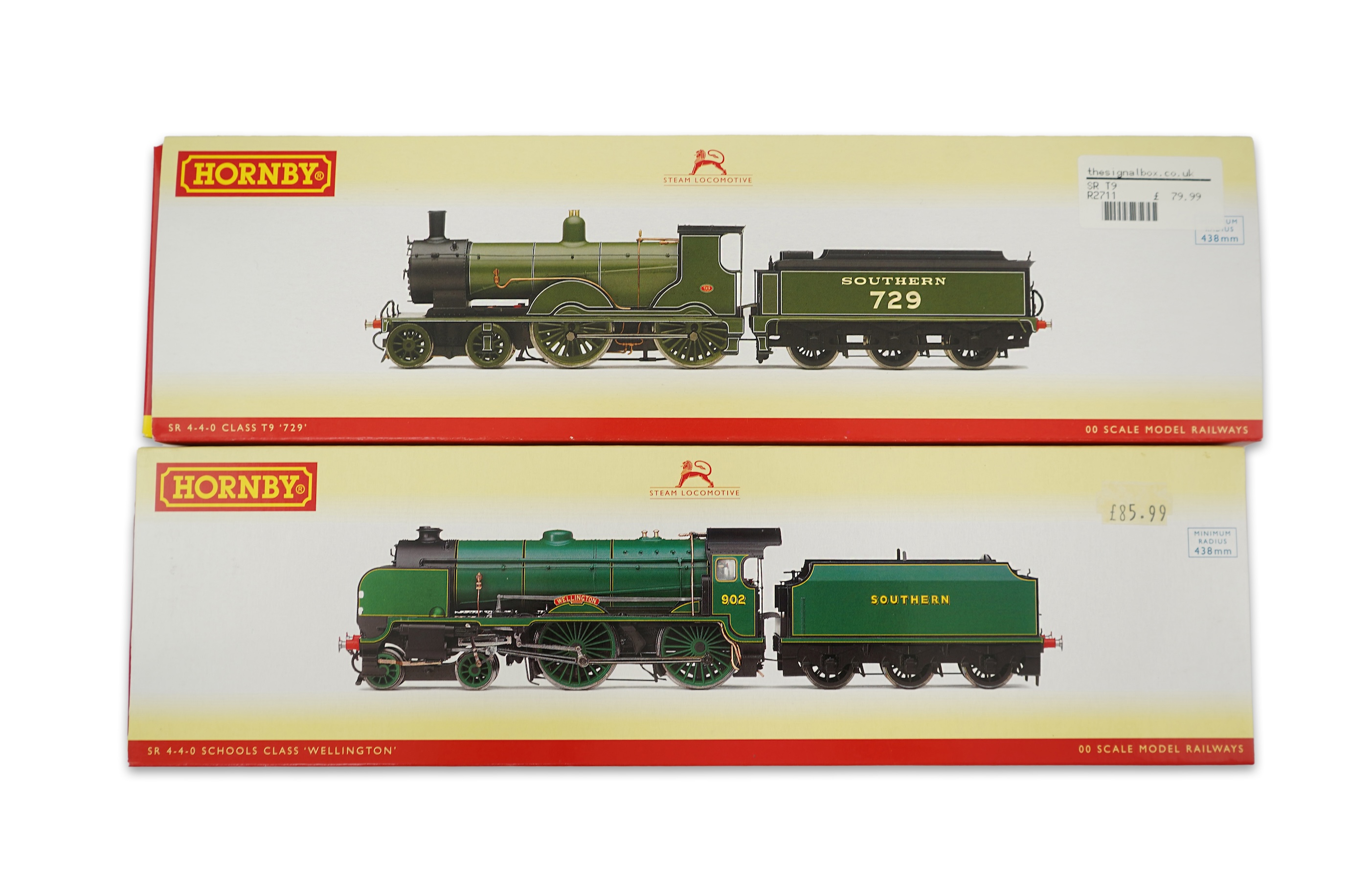 Two boxed Hornby Hobbies 00 gauge railway Southern Railway tender locomotives; a class T9, 729, (R2711), together with a Schools Class, Wellington 902, (R2745)